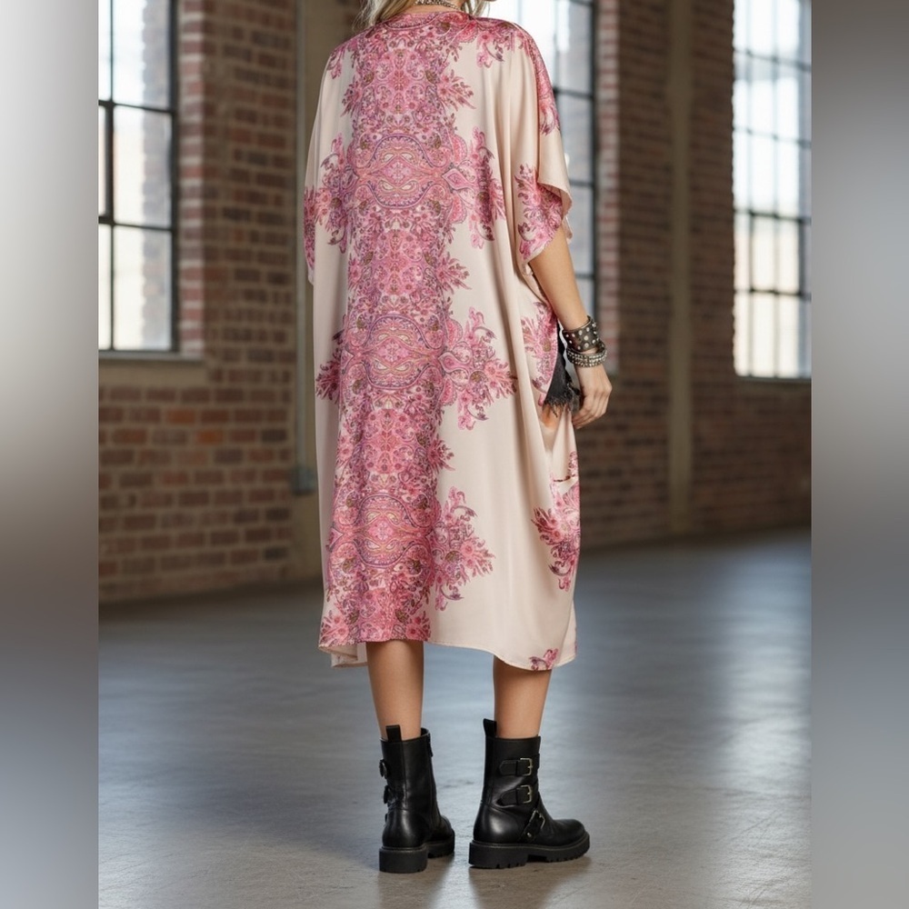NWT UMGEE Floral Print Boho Silky Kimono Duster Coverup Cream - Picture 6 of 6